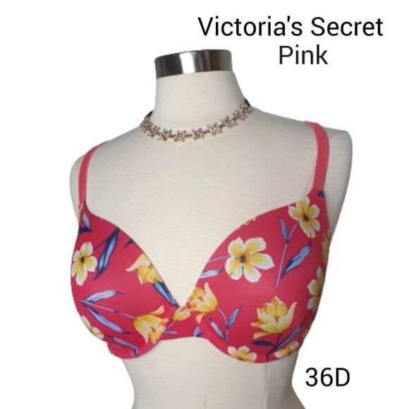 Victoria's Secret PINK 36D Bra Wear Everywhere T-Shirt Pink Floral Bra 36D - Picture 1 of 8